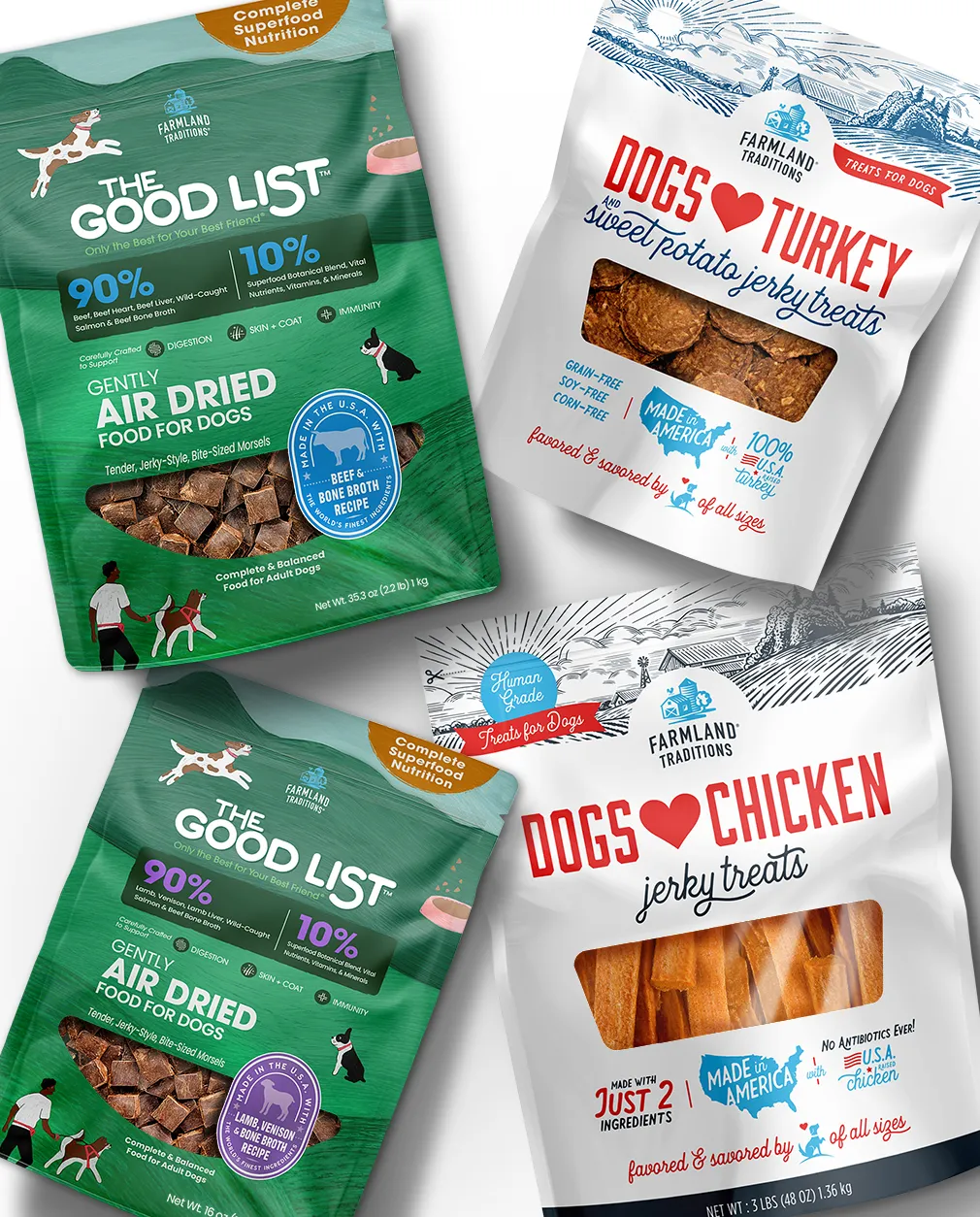 Collage of two images of The Good List and two of Dogs Love Jerky