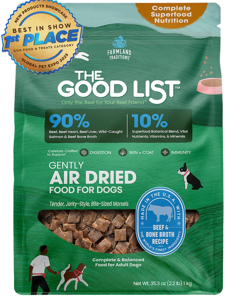 Global Pet Expo 2025 New Products Showcase Best in Show 1st Place, Dog Food & Treats Category medallion, with a bag of The Good List air dried dog food