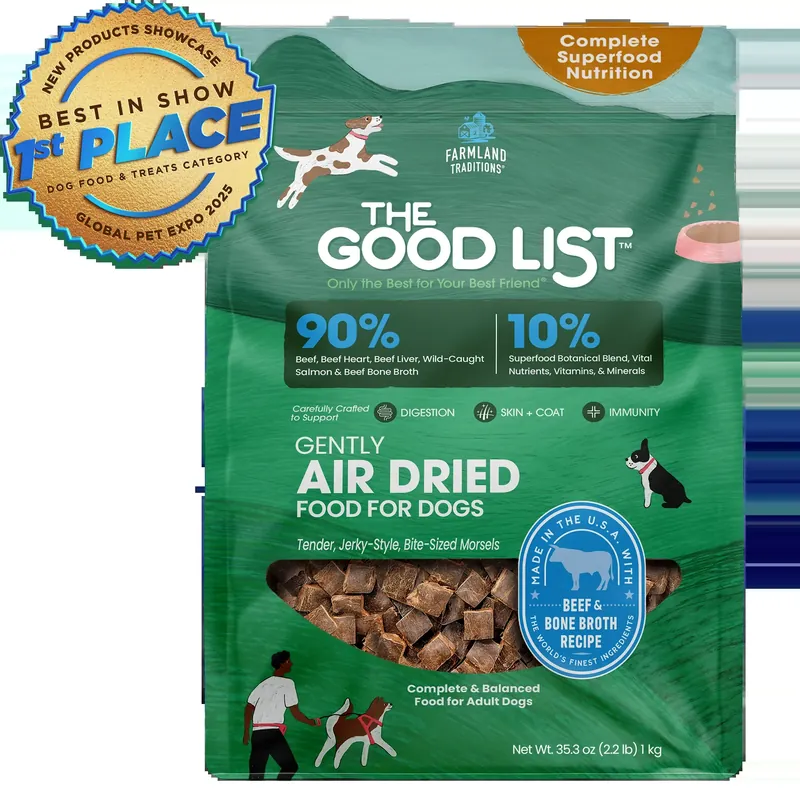Global Pet Expo Best in Show for Dog Food & Dog Treats Medallion along with a Bag of The Good List