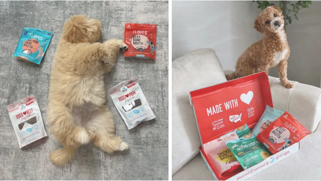 side by side images of two puppies with farmland traditions treats