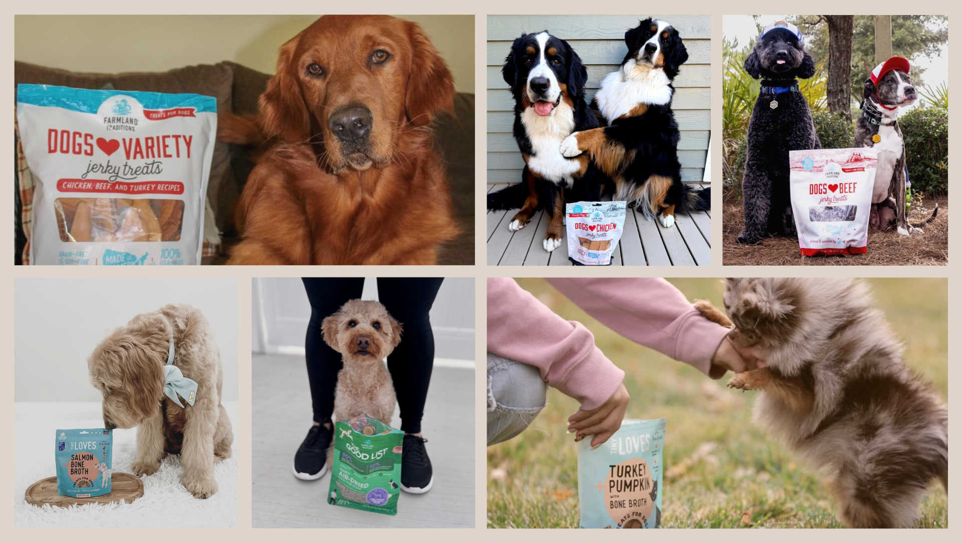 Collage of dogs with Farmland Traditions best-selling air-dried food and treats