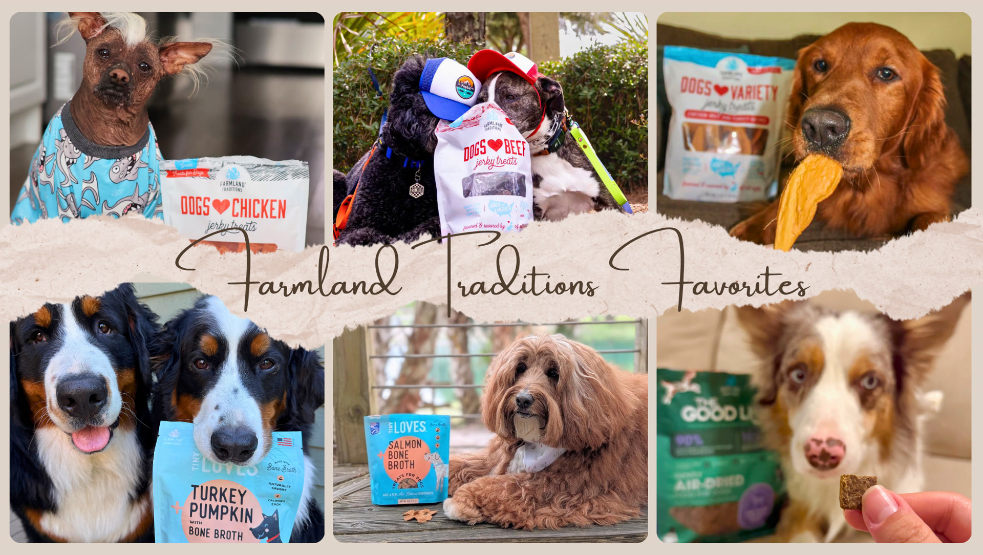 Farmland Traditions Favorites collage of dogs with best-selling air-dried treats
